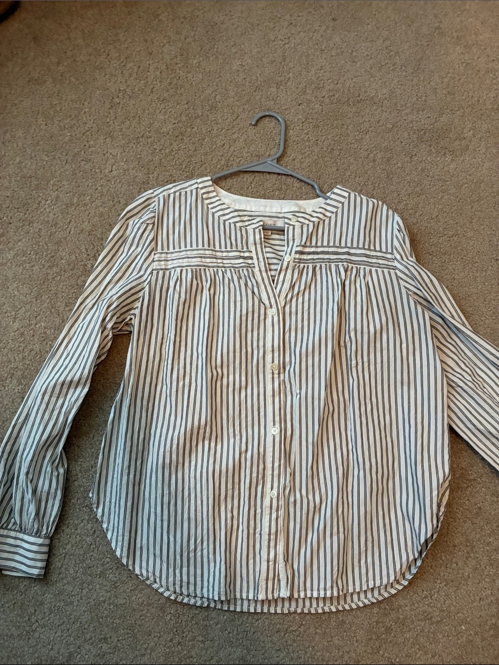 LOFT Cream and black Striped Button-Front Peasant Blouse